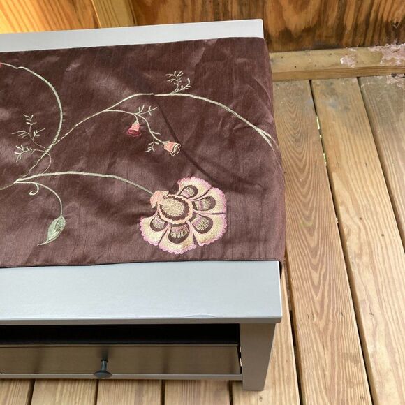 Flower and Leaves Embroidered Table Runner Rich Dark Brown 72 x 14 inch - Picture 4 of 8